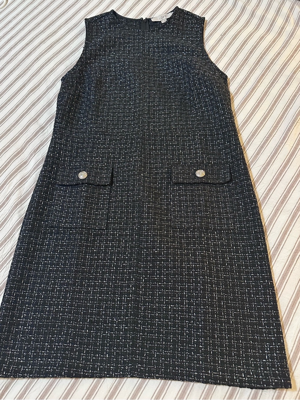 LOFT Black Tweed Sleeveless Shift Dress with Pocket Flap Detail